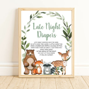 Late night diapers woodland baby shower game sign