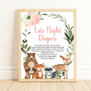 Late night diapers woodland floral baby shower poster