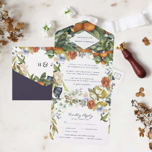 Late Summer Citrus Floral Botanical Wedding All In One Invitation