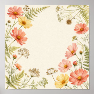 Late Summer Cosmos Botanical Square Wall Art Print