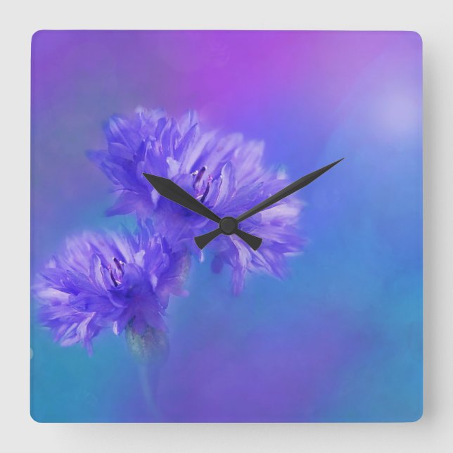 Late Summer Flower flora Blue Purple Cornflower Square Wall Clock (Front)