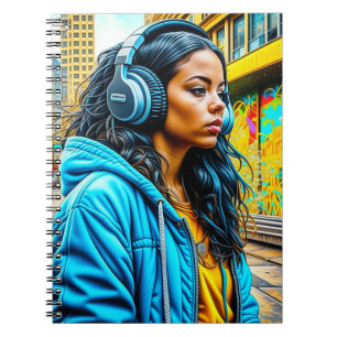 Latina Girl in an Urban Setting with Headphones Notebook