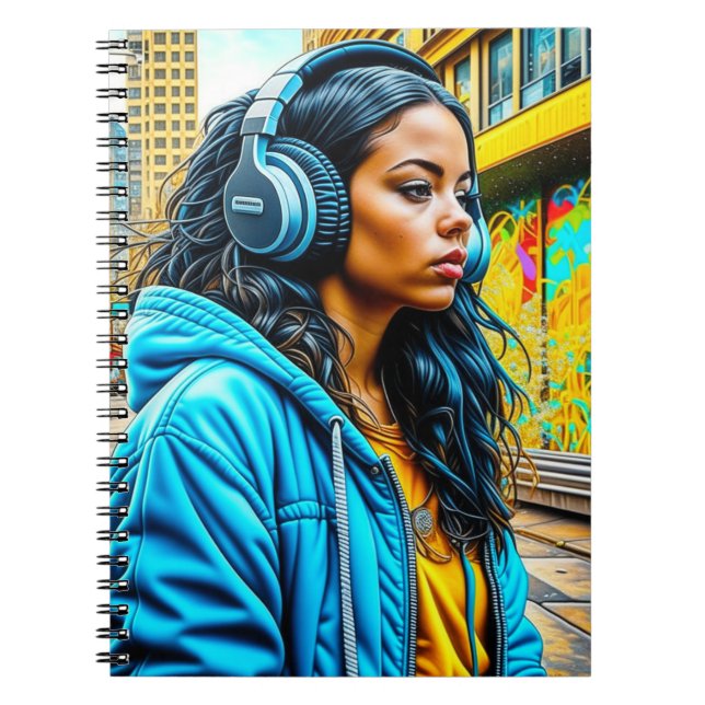 Latina Girl in an Urban Setting with Headphones Notebook (Front)