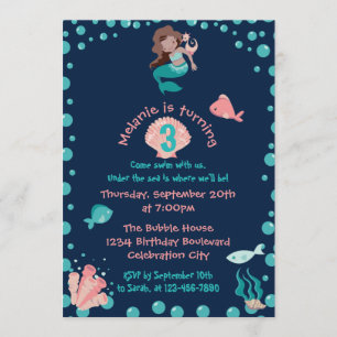 Latina Mermaid with Seahorse 3rd Birthday Party Invitation