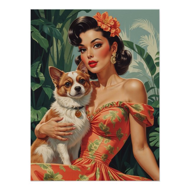 Latina Pin-Up with Cute Dog Poster (Front)
