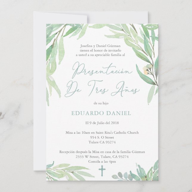 Latino Three Year Old Presentation Misa for Boy Invitation (Front)