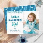 Latkes Laughter Light Hanukkah Photo Fun Modern  Holiday Card<br><div class="desc">“Latkes, laughter & light.” Fun, whimsical handcrafted typography along with a random Star of David pattern in dusty blue, turquoise and teal on a white background, along with the photo of your choice, help you usher in Hanukkah. Hand drawn white lines and a random Stars of David pattern overlay a...</div>
