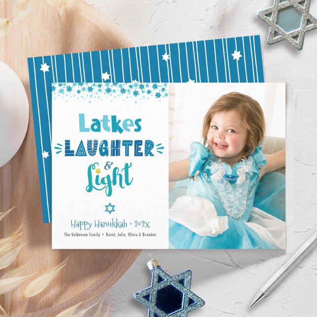 Latkes Laughter Light Hanukkah Photo Fun Modern  Holiday Card (Creator Uploaded)