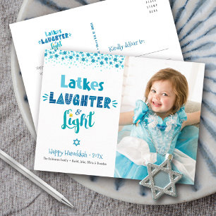 Latkes Laughter Light Modern Fun Hanukkah Photo Holiday Postcard