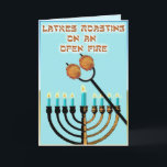 Latkes Roasting on an open fire... Holiday Card<br><div class="desc">A funny take on the classic Christmas song. Latkes,  those tasty potato pancakes,  are being roasted over the "Open Fire" of the Hanukkah menorah.

 The inside says "Got Sour Cream?",  the perfect accompaniment next to apple sauce.</div>