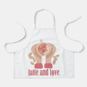 Latte and love cup, hands and coffee quote apron