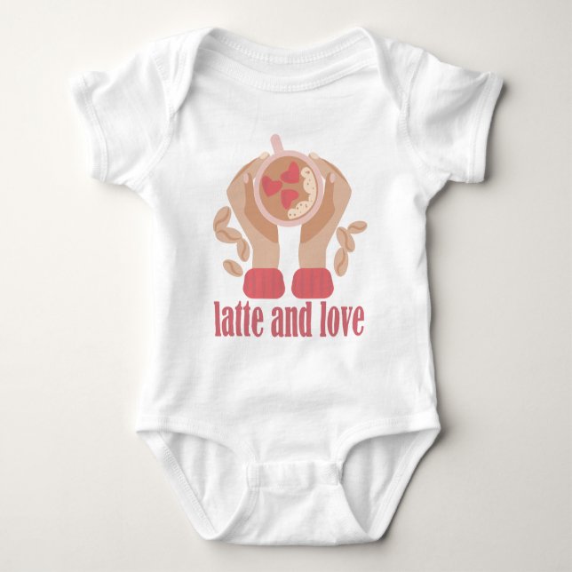 Latte and love cup, hands and coffee quote baby bodysuit (Front)