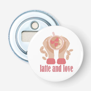 Latte and love cup, hands and coffee quote bottle opener