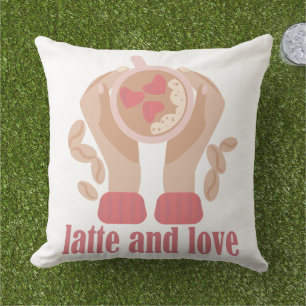 Latte and love cup, hands and coffee quote  cushion