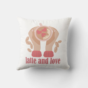 Latte and love cup, hands and coffee quote cushion