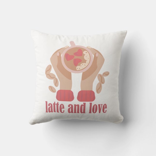 Latte and love cup, hands and coffee quote   cushion (Back)