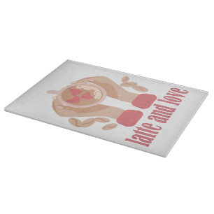 Latte and love cup, hands and coffee quote cutting board