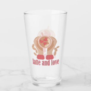 Latte and love cup, hands and coffee quote glass