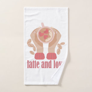 Latte and love cup, hands and coffee quote hand towel