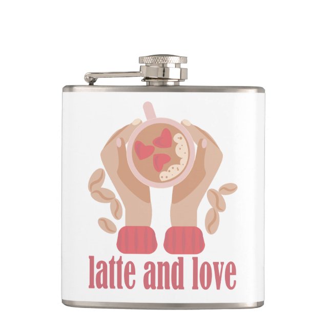 Latte and love cup, hands and coffee quote  hip flask (Front)
