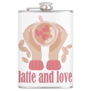 Latte and love cup, hands and coffee quote hip flask