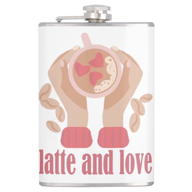 Latte and love cup, hands and coffee quote  hip flask (Front)
