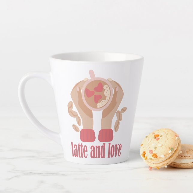 Latte and love cup, hands and coffee quote  latte mug (In Situ)