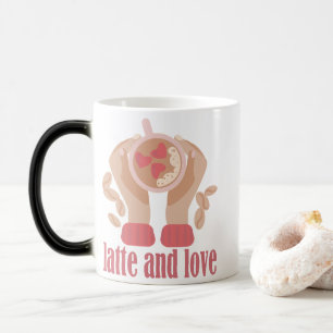Latte and love cup, hands and coffee quote  magic mug