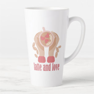 Latte and love cup, hands and coffee quote mug