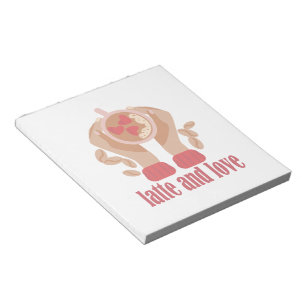 Latte and love cup, hands and coffee quote notepad