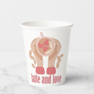 Latte and love cup, hands and coffee quote   paper cups