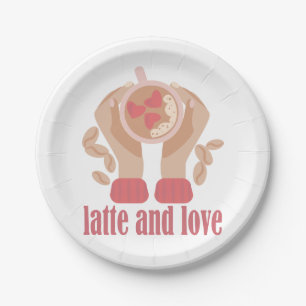 Latte and love cup, hands and coffee quote paper plate