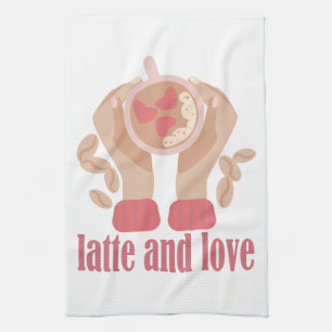Latte and love cup, hands and coffee quote   tea towel