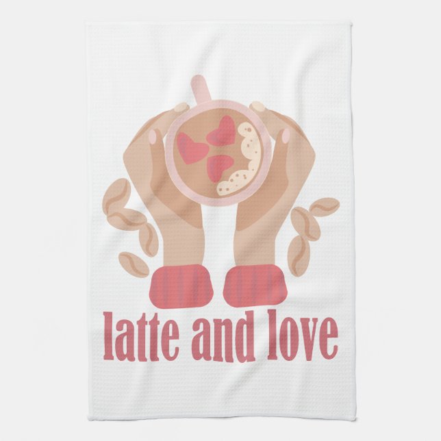 Latte and love cup, hands and coffee quote   tea towel (Vertical)