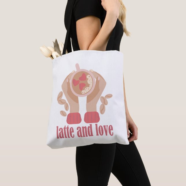 Latte and love cup, hands and coffee quote   tote bag (Close Up)