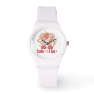 Latte and love cup, hands and coffee quote watch