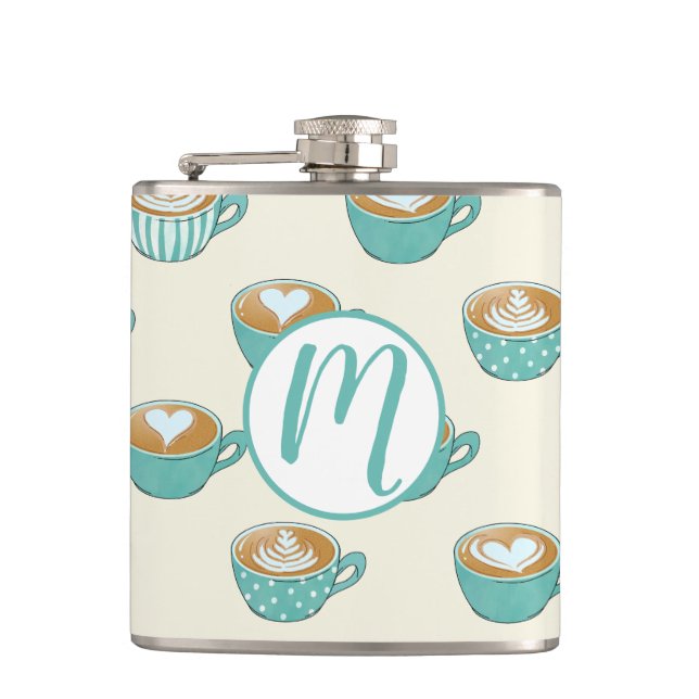 Latte Art in Cute Blue Coffee Mugs Hip Flask (Front)