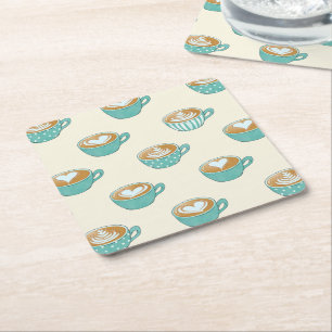 Latte Art in Cute Blue Coffee Mugs Square Paper Coaster
