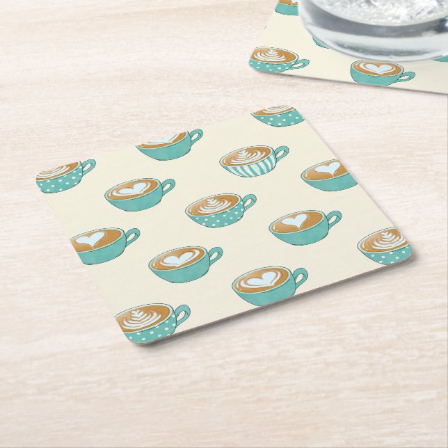 Latte Art in Cute Blue Coffee Mugs Square Paper Coaster (Angled)