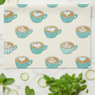 Latte Art in Cute Blue Coffee Mugs Tea Towel