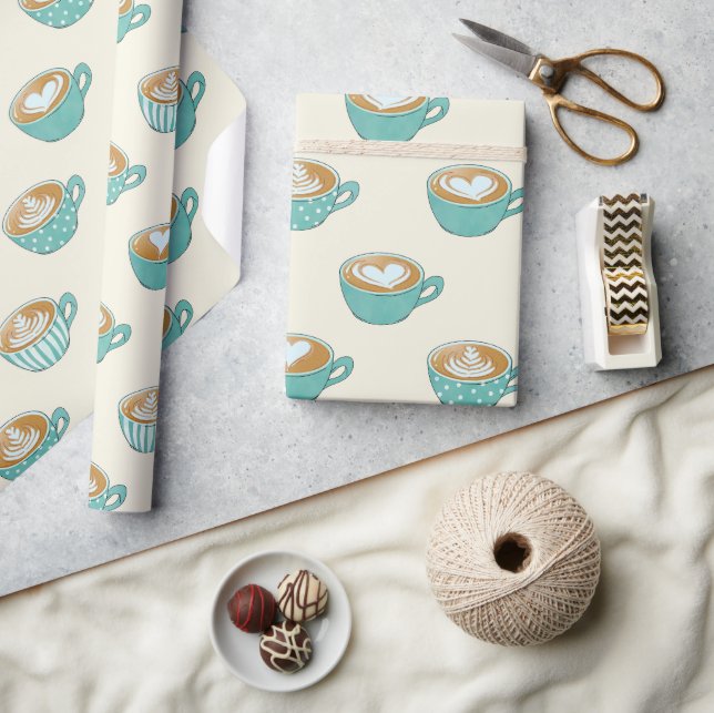 Latte Art in Cute Blue Coffee Mugs Wrapping Paper (Crafts)