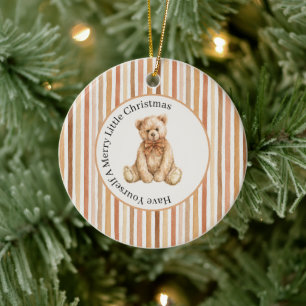 Latte Cocoa Blush Stripes Teddy Bear Christmas Ceramic Ornament