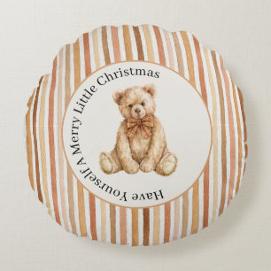 Latte Cocoa Blush Stripes Teddy Bear Christmas Round Cushion
