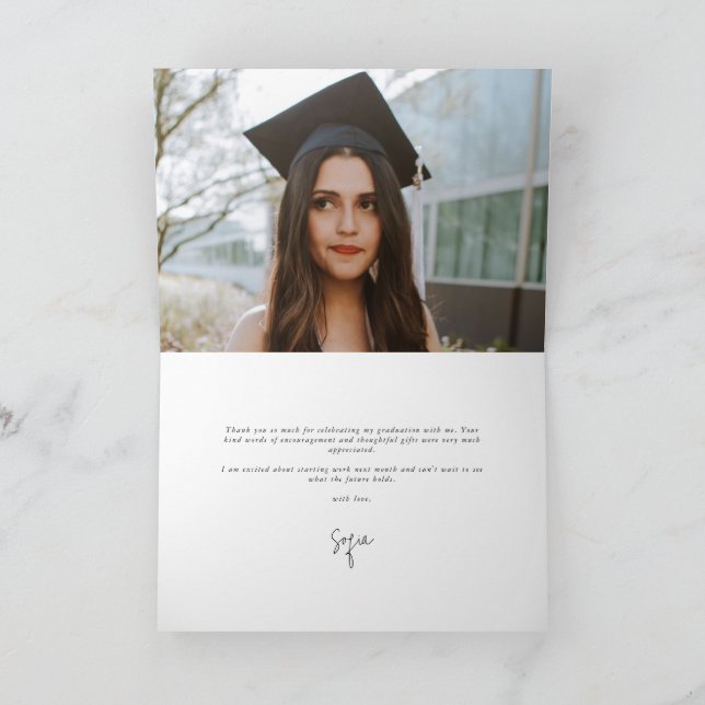 Latte Elegant Script Graduation Photo + Message Thank You Card (Inside)