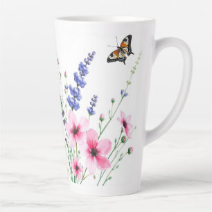 Latte Mug - Lavender and Pink Flowers, Butterflies