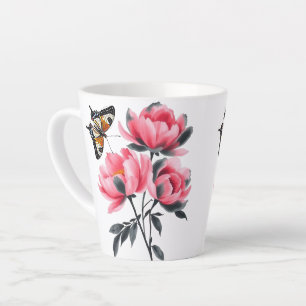 Latte Mug - Peonies Flowers, Butterfly