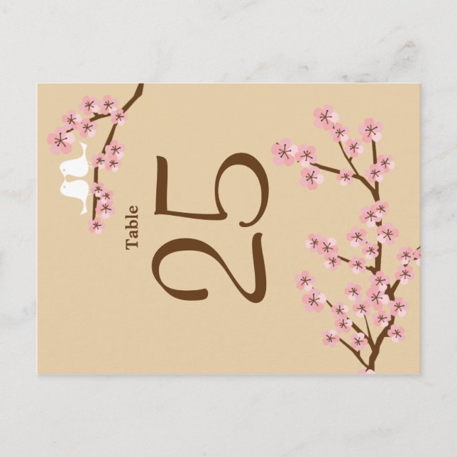 Latte & Pink Cherry Blossom Wedding Table Number Postcard (Front)