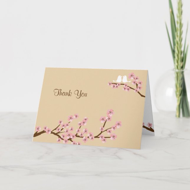Latte & Pink Cherry Blossom Wedding Thank You (Front)