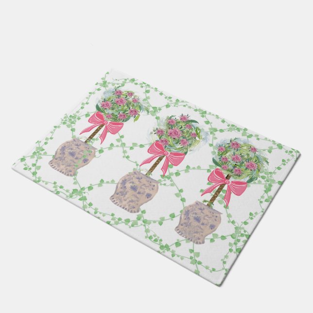 Lattice Green Topiary Roses Ginger jars jar Doormat (Angled)