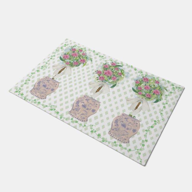 Lattice Green Topiary Roses Ginger jars jar Doormat (Angled)